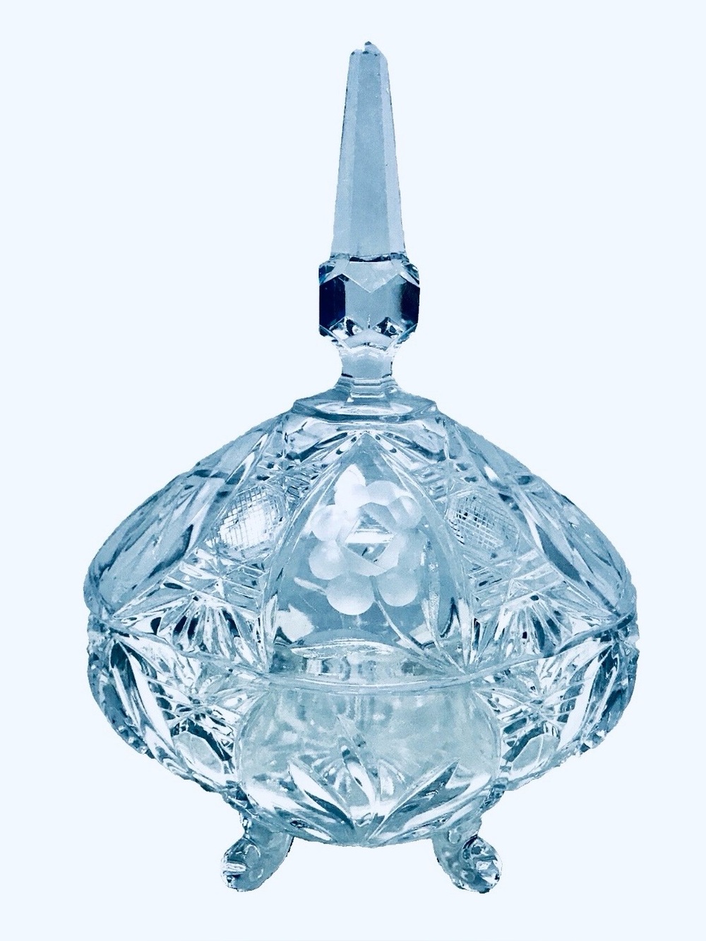 Imperlux Vintage '70s Oval Crystal Frosted Floral Footed Steeple Lid Candy Dish